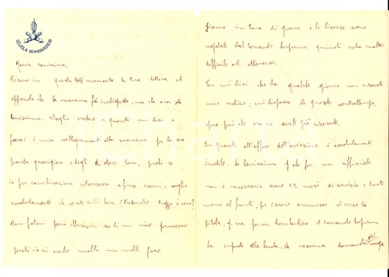 1917 SCUOLA BOMBARDIERI Lettera di un giovane ufficiale sulla carriera militare