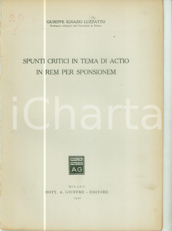 1950 Giuseppe Ignazio LUZZATTO Spunti critici tema di actio in rem per sponsorem