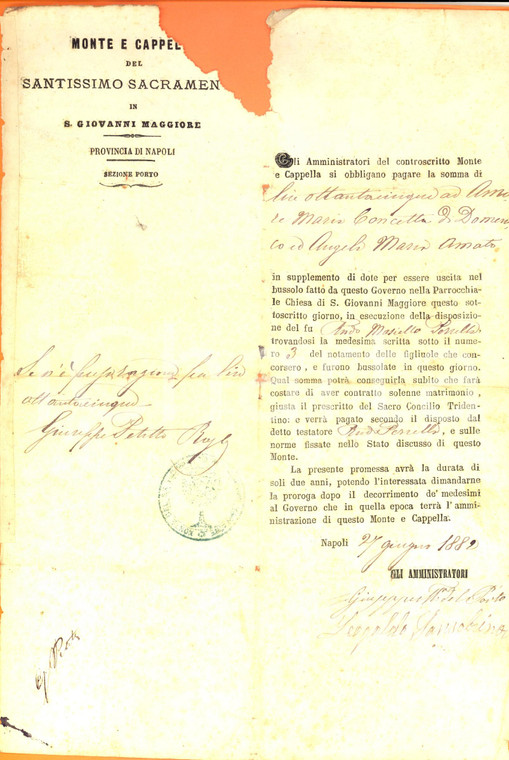 1880 NAPOLI Monte SS. SACRAMENTO - Dote a Maria Concetta AMORE bussolata