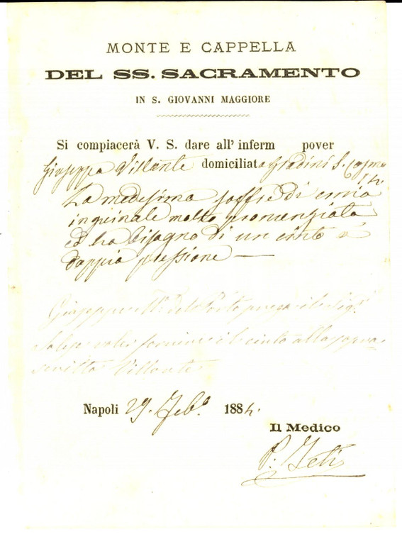 1884 NAPOLI Monte SS. SACRAMENTO - Richiesta cinto per inferma Giuseppa VISCONTE