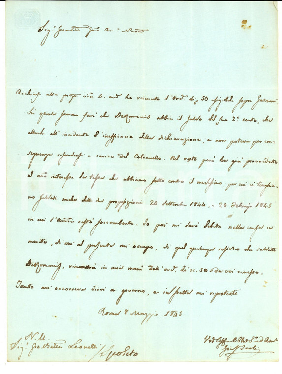 1845 ROMA Giuseppe TEOLI fiducioso nel buon esito di una causa *Lettera