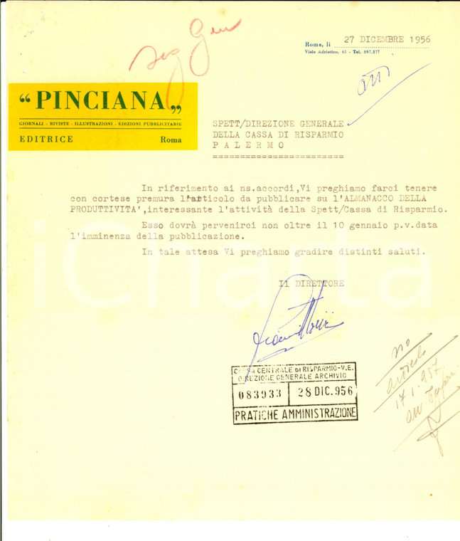 1956 ROMA Casa Editrice PINCIANA chiede un articolo per la pubblicazione