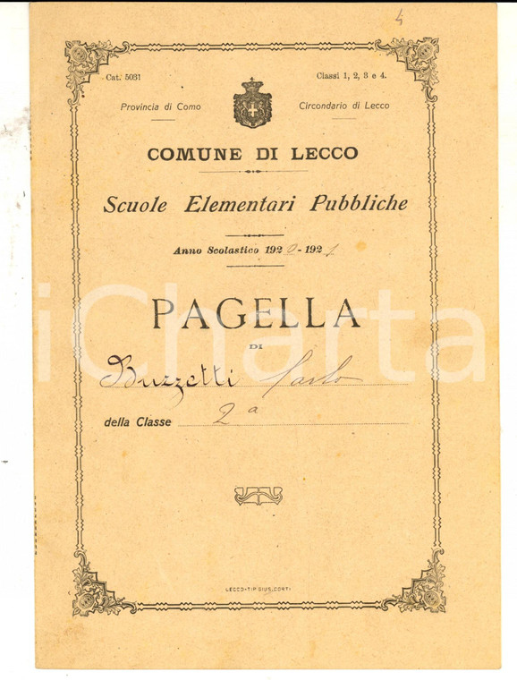 1921 LECCO Pagella di Carlo BUZZETTI - Scuole elementari pubbliche