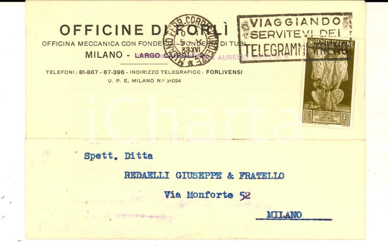 1938 MILANO OFFICINE DI FORLI' Cartolina francobollo BIMILLENARIO AUGUSTEO 15 c.
