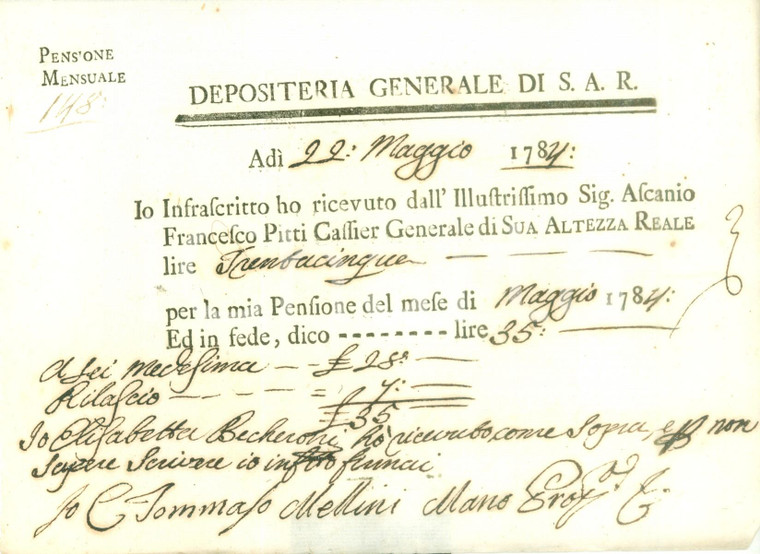 1784 DEPOSITERIA GRANDUCATO TOSCANA Elisabetta BECHERONI pensione di maggio
