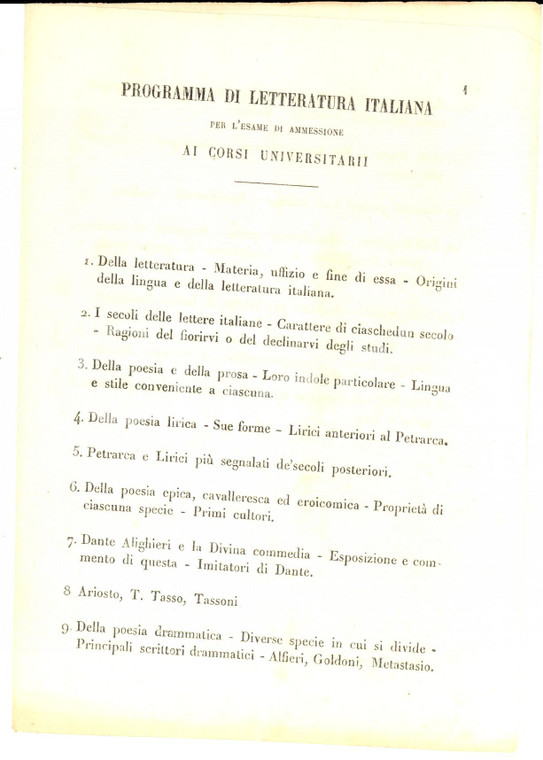1863 UNIVERSITA' DI TORINO Programma di letteratura italiana per l'ammissione
