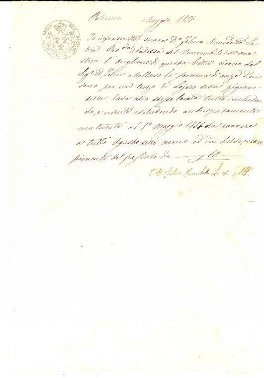 1851 PALERMO Monastero SAN GIOVANNI DELL'ORIGLIONE riceve afitto Felice MELLUSO