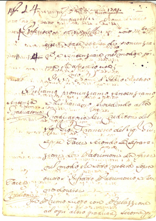 1721 CASTIGLION FIORENTINO Concorso dei creditori di Giovanni Francesco TACCI