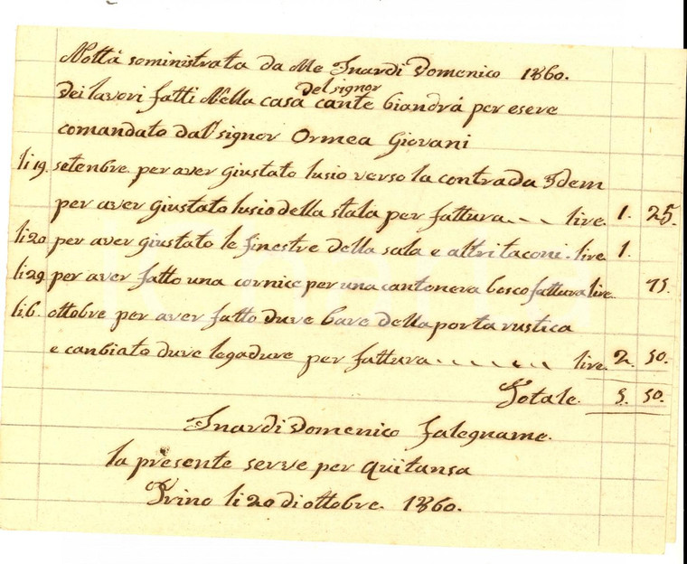1860 TORINO Conto falegname Domenico INARDI per l'uscio sulla contrada