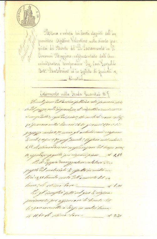 1886 NAPOLI Lavori di Agostino VALENTINO su proprietà Monte SS.MO SACRAMENTO