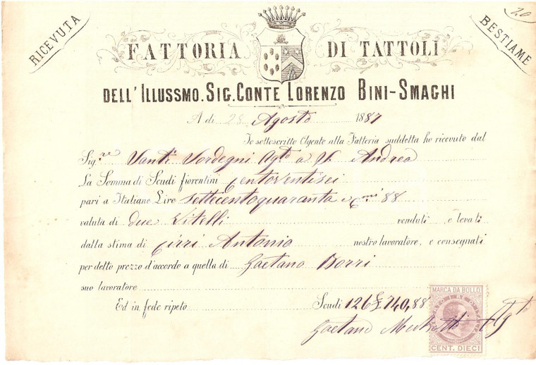 1887 SAN CASCIANO VAL DI PESA (FI) Fattoria TATTOLI Lorenzo BINI-SMAGHI Ricevuta