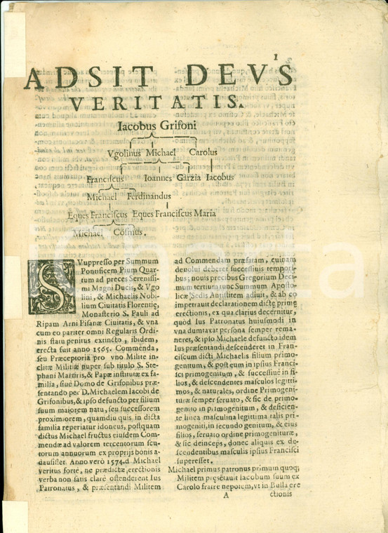 1666 PISA Storia Commenda SAN PAOLO A RIPA D'ARNO e famiglia GRIFONI 16 pagine