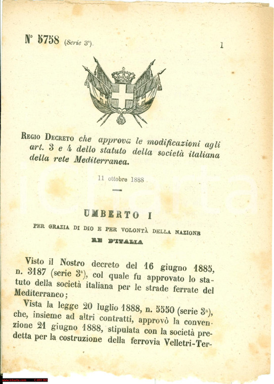 1888 REGIO DECRETO Statuto Società per STRADE FERRATE
