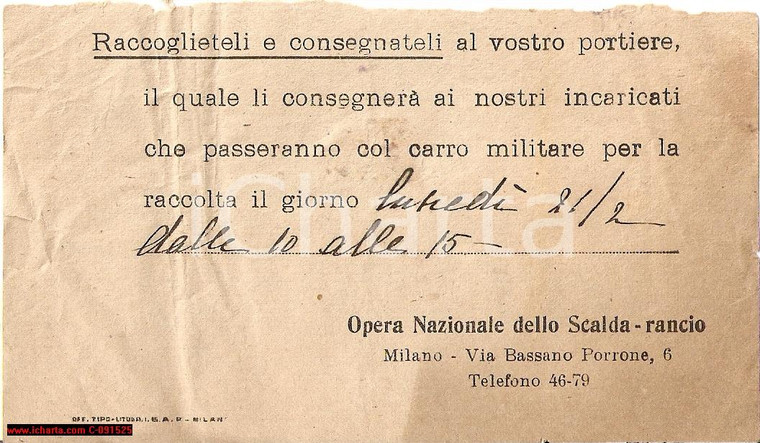 1940 circa MILANO Opera Nazionale dello SCALDA-RANCIO