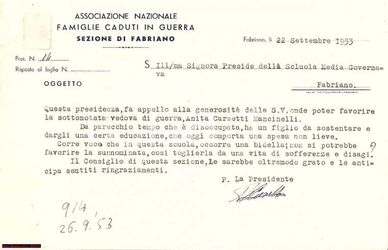 1953 FABRIANO Vedova guerra Anita CARSETTI MANCINELLI