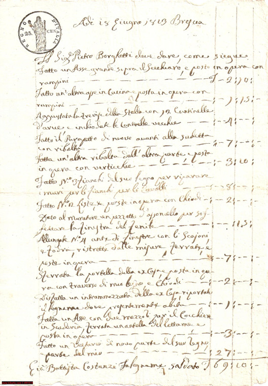 1813 BRESCIA Conto falegname Giovanni Battista COSTANZI