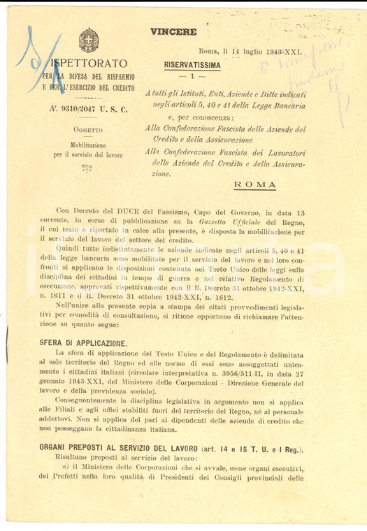 1943 ROMA Mobilitazione servizio lavoro Agenzie CREDITO