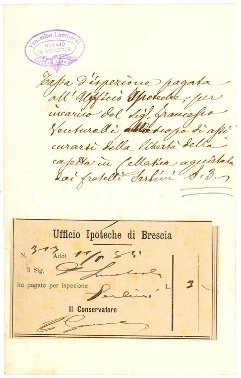 1885 CELLATICA (BS) Versamento notaio Venceslao LOMBARDI