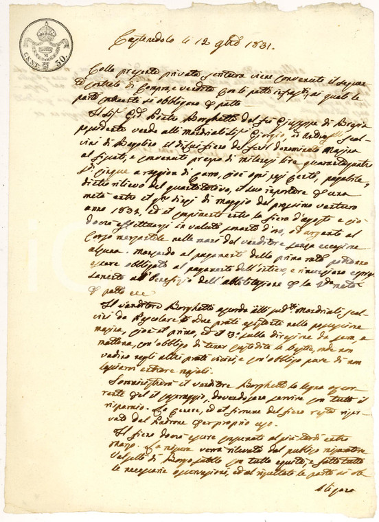 1831 CASTENEDOLO (BS) Vendita fieno a Giorgio e Antonio SCALVINI