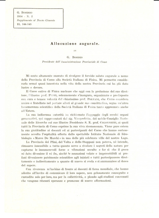 1954 COMO Gisberto BOSISIO alla Soc. Italiana di FISICA