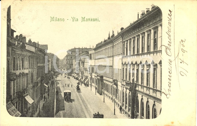 1902 MILANO Veduta di via MANZONI Cartolina ANIMATA FP
