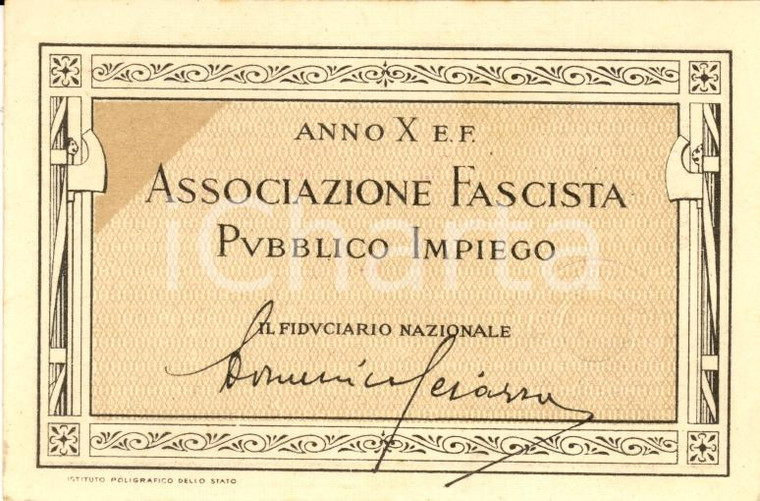 1932 PAVIA Tessera Associaz. Fascista Pubblico Impiego