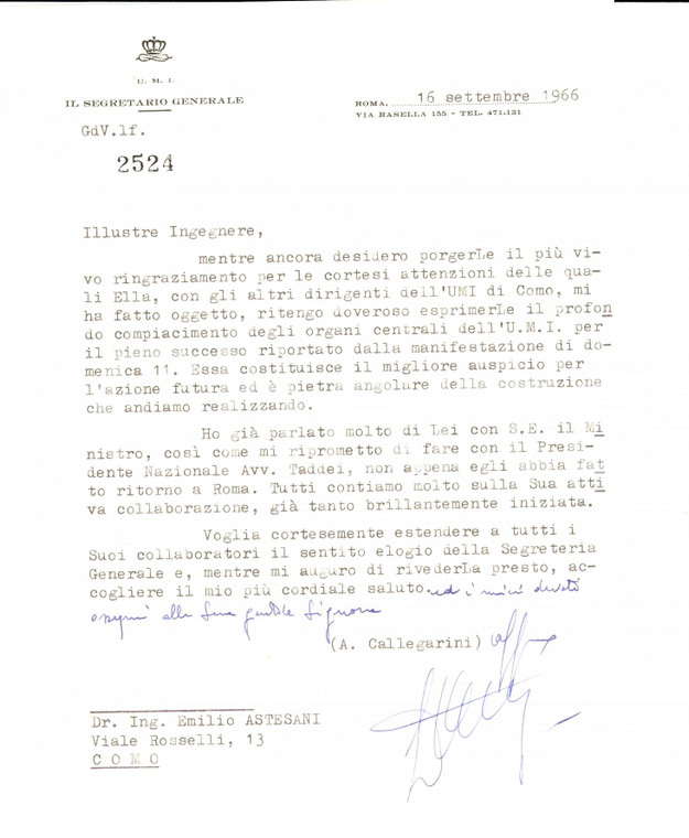 1966 UMI ROMA Adolfo CALLEGARINI ringrazia ASTESANI - Autografo