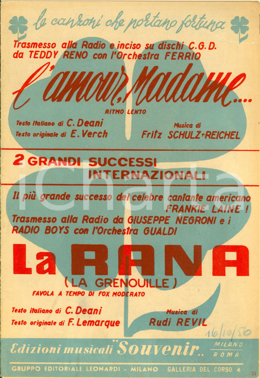 1954 Teddy RENO L'amour, madame Giuseppe NEGRONI La rana *Spartito