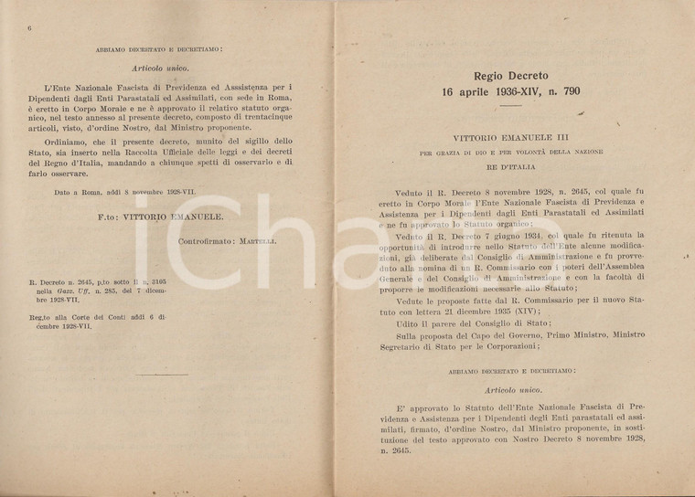 1936 ROMA Nuovo Statuto ENTE NAZIONALE FASCISTA dipendenti parastatali