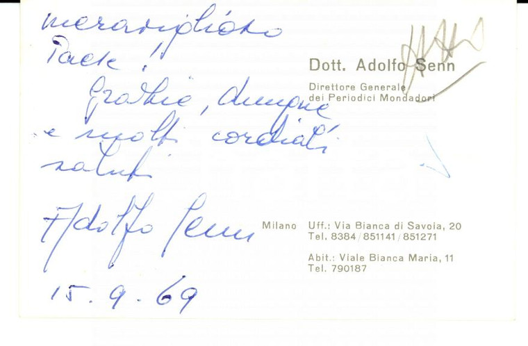 1969 MILANO MONDADORI Biglietto da vista Adolfo SENN Autografo