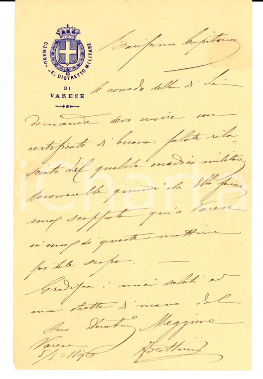 1896 VARESE Lettera comandante FRATTINI Distretto Militare