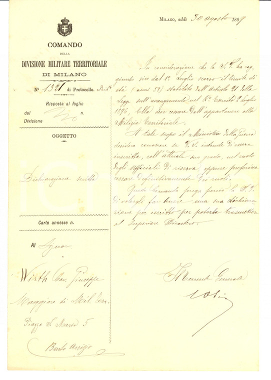 1899 MILANO Giuseppe WIRTH congedato per età dalla Milizia Territoriale