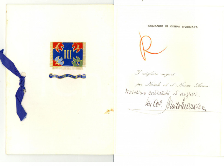 1961 Comando III CORPO D'ARMATA Biglietto ten. col. Lorenzo MARSILIO Autografo