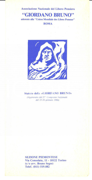 1966 TORINO Associazione Libero Pensiero GIORDANO BRUNO Statuto