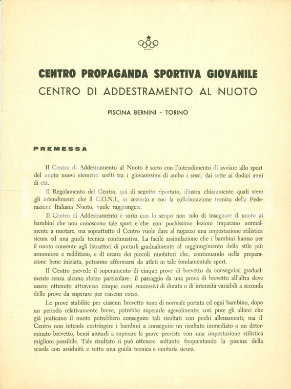 1957? TORINO Corso Addestramento Nuoto Piscina BERNINI Regolamento