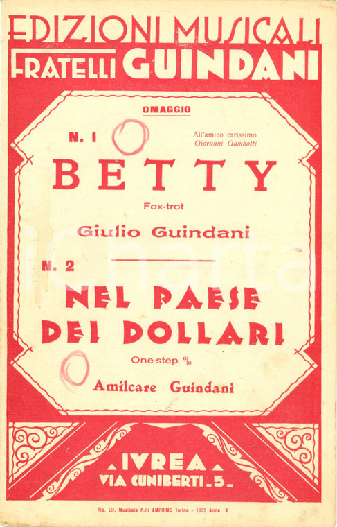 1932 Giulio GUINDANI Betty Amilcare GUINDANI Nel paese dei dollari Spartito