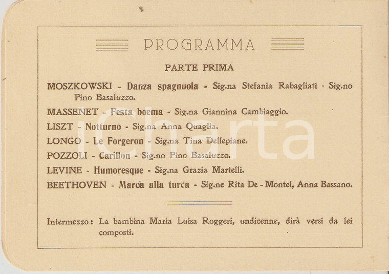 1929 NOVI LIGURE (AL) Concerto pianistico del Fascio Femminile *Programma