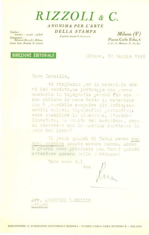 1946 MILANO Luigi RUSCA attende con urgenza manoscritto
