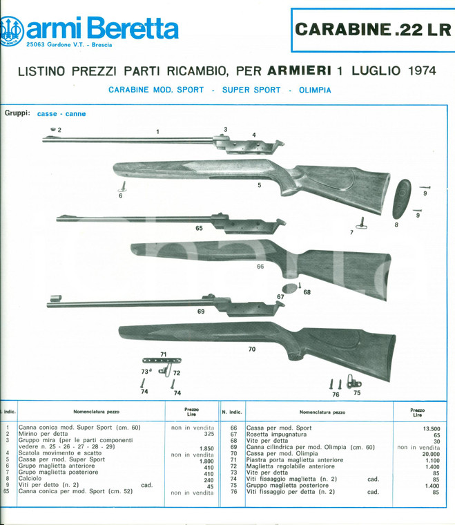 1974 ARMI BERETTA Listino parti ricambi Carabine 22 LR