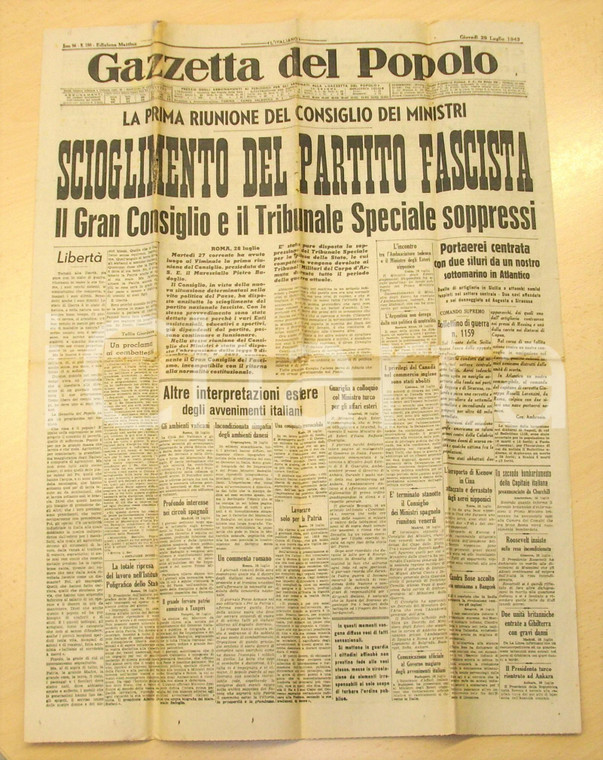 1943 GAZZETTA DEL POPOLO Scioglimento Partito Fascista