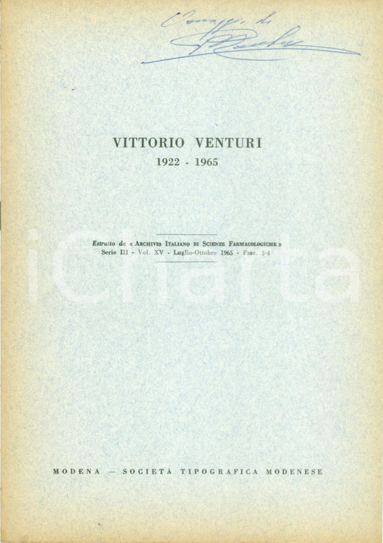 1965 MODENA Pietro MASCHERPA Vittorio VENTURI 1922-1965 *Con omaggio AUTOGRAFO