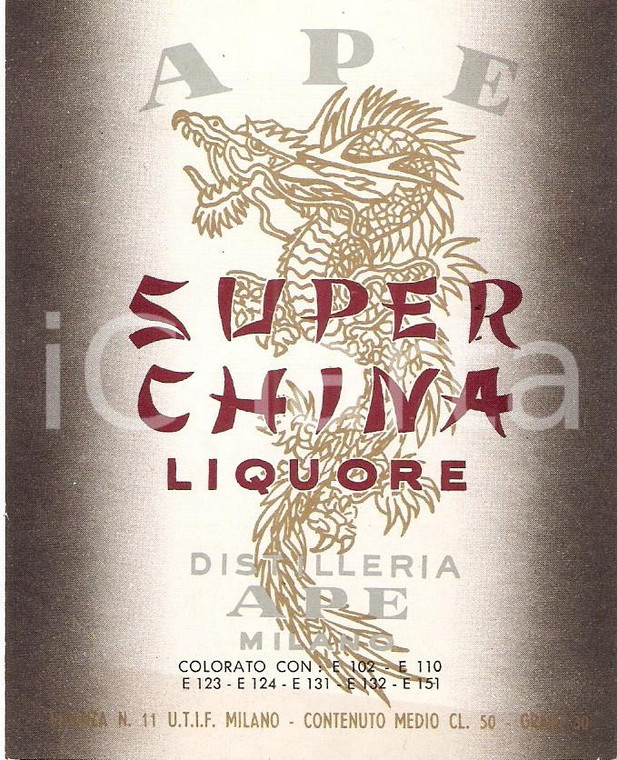 1970 ca MILANO Distilleria APE Liquore SUPER CHINA *Etichetta ILLUSTRATA