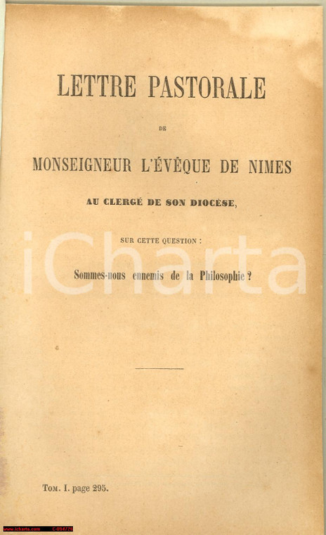 1873 NIMES (FR) Mons. Claude PLANTIER Lettre pastorale