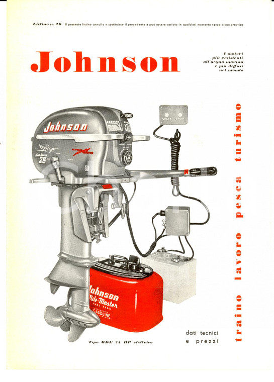 1950 ca MILANO Motori JOHNSON traino e pesca Volantino ILLUSTRATO