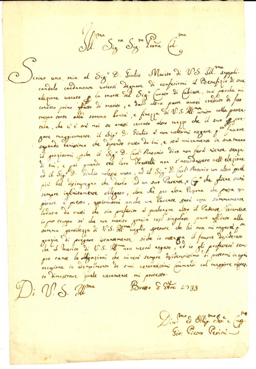 1733 BRESSO (MI) Supplica G. Pietro PERINI per beneficio ecclesiastico