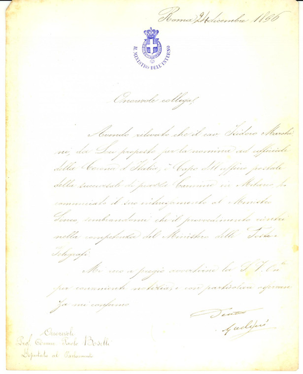 1896 ROMA Antonio DI RUDINI' pro cav. Isidoro  MARCHINI Autografo