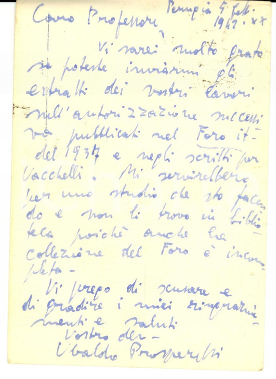 1942 Regia Università PERUGIA Autografo giurista Ubaldo PROSPERETTI