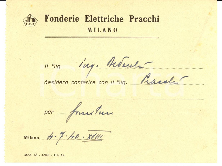 1940 MILANO Fonderie Elettriche PRACCHI richiesta appuntamento
