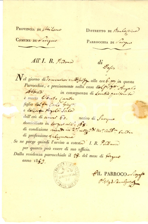 1853 SEREGNO (MB) Uberto CANTU' falegname morto di lenta peritonite