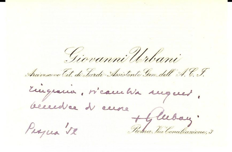 1956 VERONA Mons. Giovanni URBANI biglietto da visita *Autografo